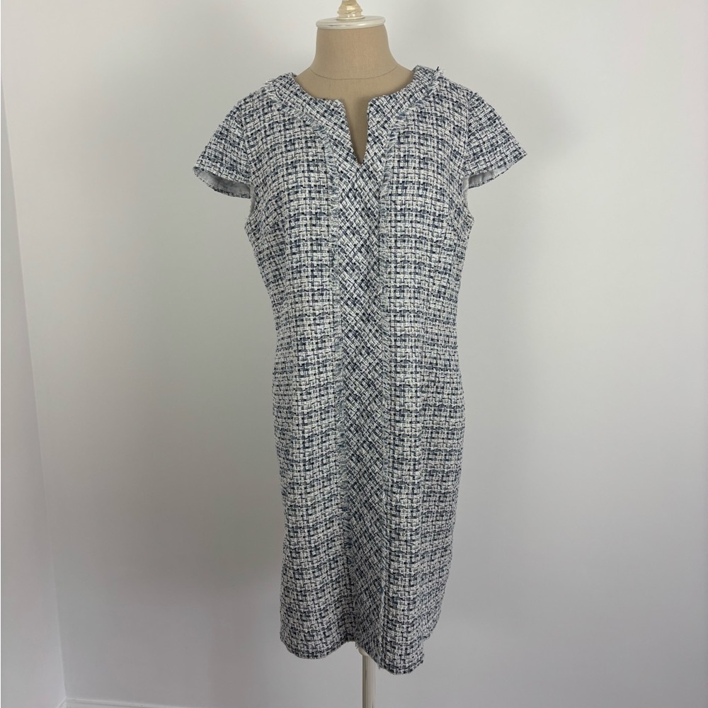 Premise Tweed Sheath Dress White Blue Notch Neck Zipper 12